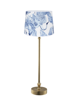 Mosiężna lampa stołowa Liam z abażurem w ptaki 59 cm